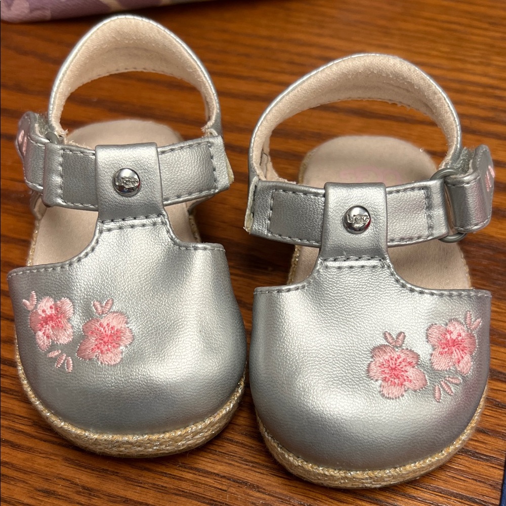Silver Toddler Ugg Shoes with Pink Floral Design